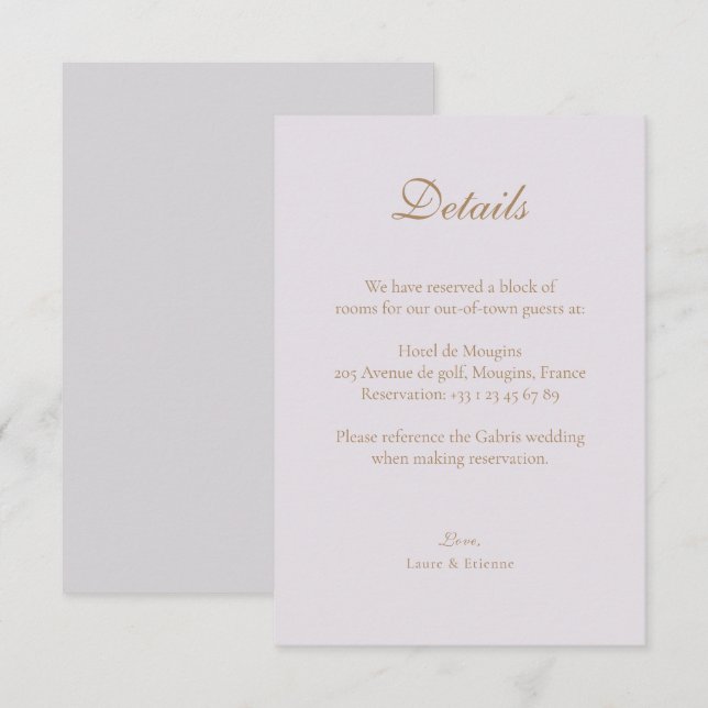 Gold Lilac Gray Elegant Wedding Hotel Detail Enclosure Card (Front/Back)