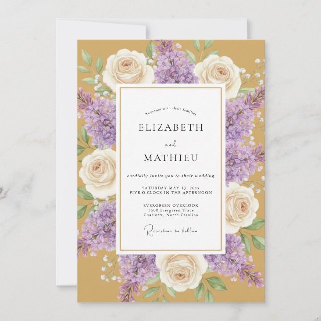 Gold Lilac Petal Wedding Invitation (Front)