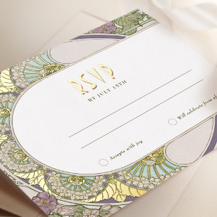 Gold Lilac RSVP Insert Vintage Art Nouveau Mucha Foil Holiday Postcard