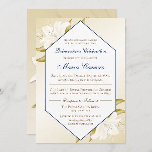 Gold Lilies  Navy Blue Quinceaera Invitation