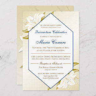 Gold Lilies & Navy Blue Quinceañera Invitation