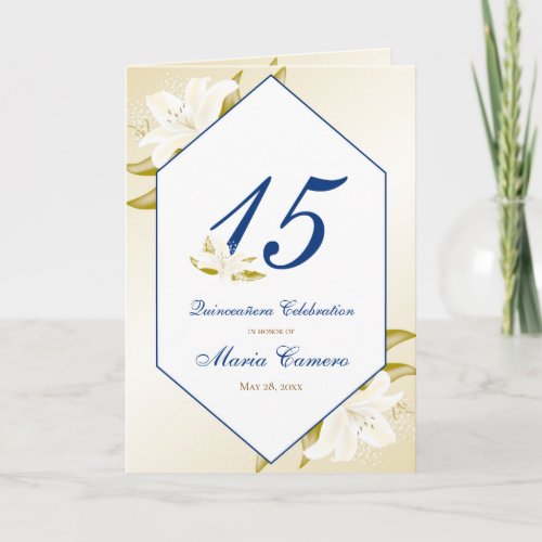 Gold Lilies  Navy Blue Quinceaera Invitation
