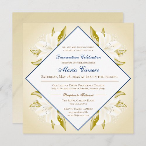 Gold Lilies  Navy Blue Quinceaera Invitation