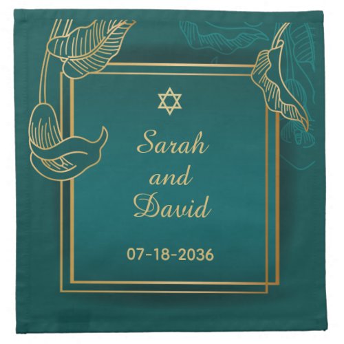 Gold Lilies on Green Wedding Bride  Groom Names Cloth Napkin