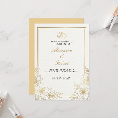 Gold Lily Line Art Wedding Invitation