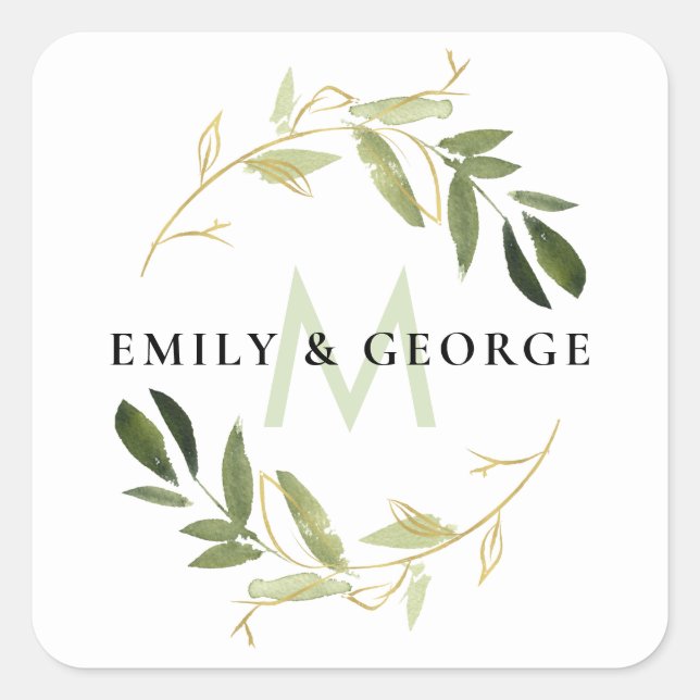 GOLD LIME GREEN FOLIAGE MONOGRAM WREATH WEDDING SQUARE STICKER (Front)