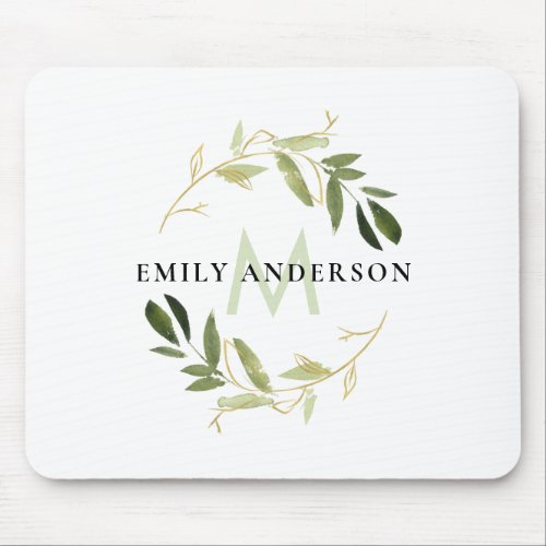 GOLD LIME GREEN FOLIAGE WATERCOLOR WREATH MONOGRAM MOUSE PAD