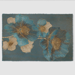 Gold Line Art Blue Botanical Poppy Floral Fiber Doormat