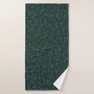 Gold Line Art Botanical Vine Pattern on Dark Green Bath Towel