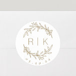 Gold Line Art Botanical Wreath Wedding Monogram Classic Round Sticker<br><div class="desc">Custom-designed wedding monogram stickers featuring elegant hand drawn style brown gold botanical wreath with couple's initials and wedding date. Perfect for wedding save the dates,  envelops,  wedding favor packagings and more.</div>