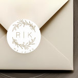 Gold Line Art Botanical Wreath Wedding Monogram Classic Round Sticker<br><div class="desc">Custom-designed wedding monogram stickers featuring elegant hand drawn style brown gold botanical wreath with couple's initials and wedding date. Perfect for wedding save the dates,  envelops,  wedding favor packagings and more.</div>