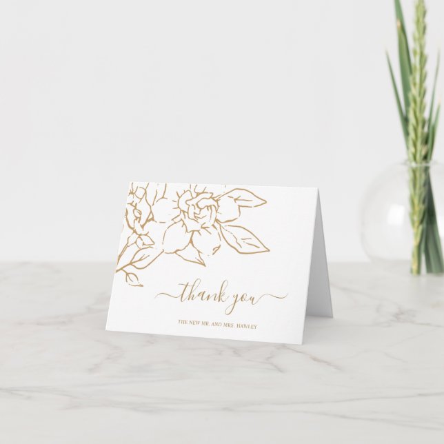 Gold Line Art Floral Elegant Wedding Thank You Card (Front)