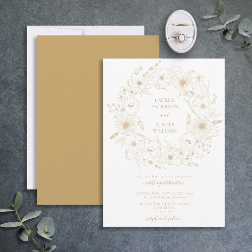 Gold Line Art Floral Wreath Wedding Invitation