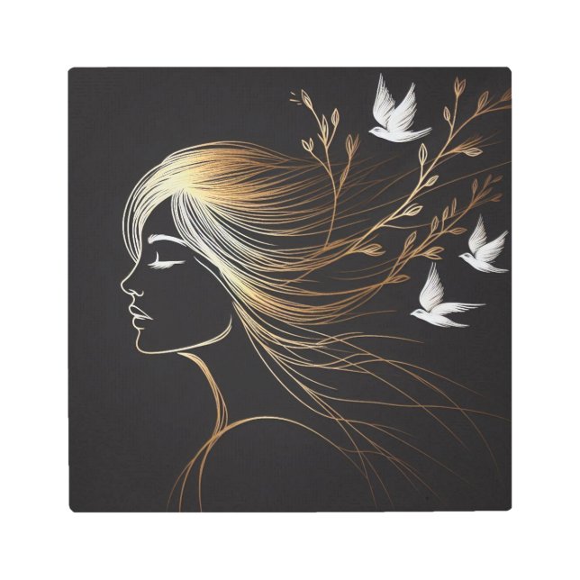Gold Line Art Woman with Flying Birds on Black (Front)