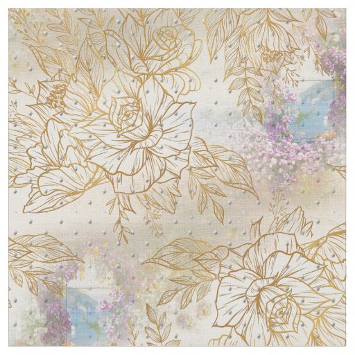 Gold line-drawing rose on a cream texture pattern  fabric