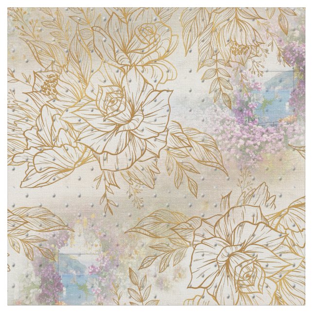 Gold line-drawing rose on a cream texture pattern  fabric (Close Up)