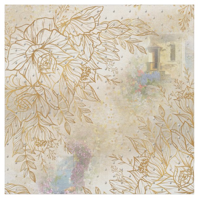 Gold line-drawing rose on a cream texture pattern fabric (Close Up)