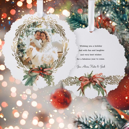 Gold Line_Drawn Christmas Wreath Photo Ornament Card