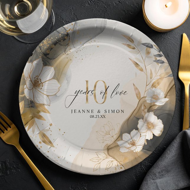 Gold Line Floral 10th Anniversary ID1169 Paper Plates (Creator Uploaded)