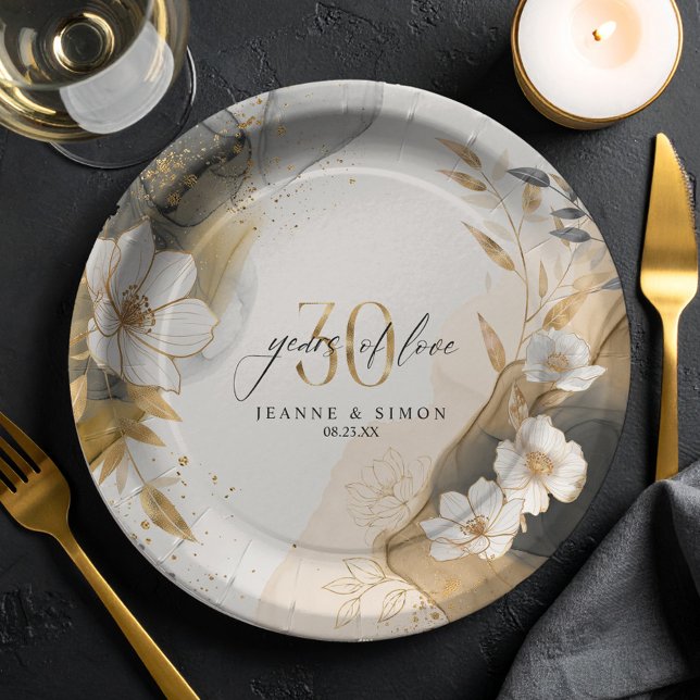 Gold Line Floral 30th Anniversary ID1169 Paper Plates (Creator Uploaded)