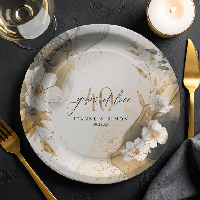 Gold Line Floral 40th Anniversary ID1169 Paper Plates (Creator Uploaded)