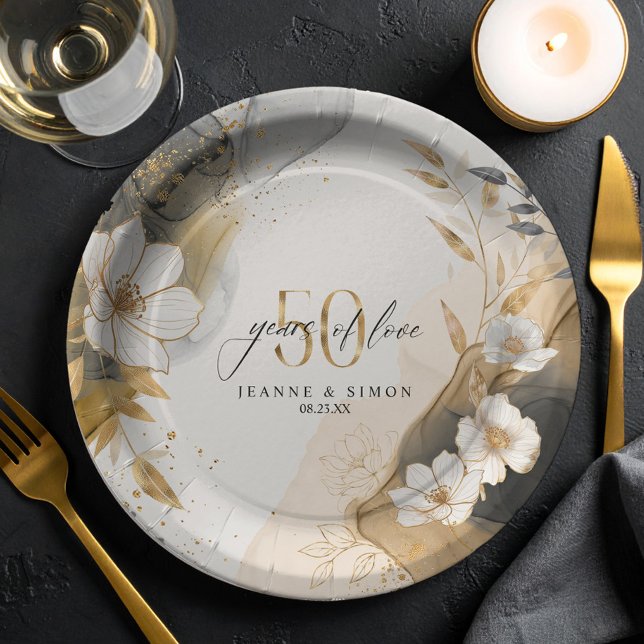 Gold Line Floral 50th Anniversary ID1169 Paper Plates (Creator Uploaded)