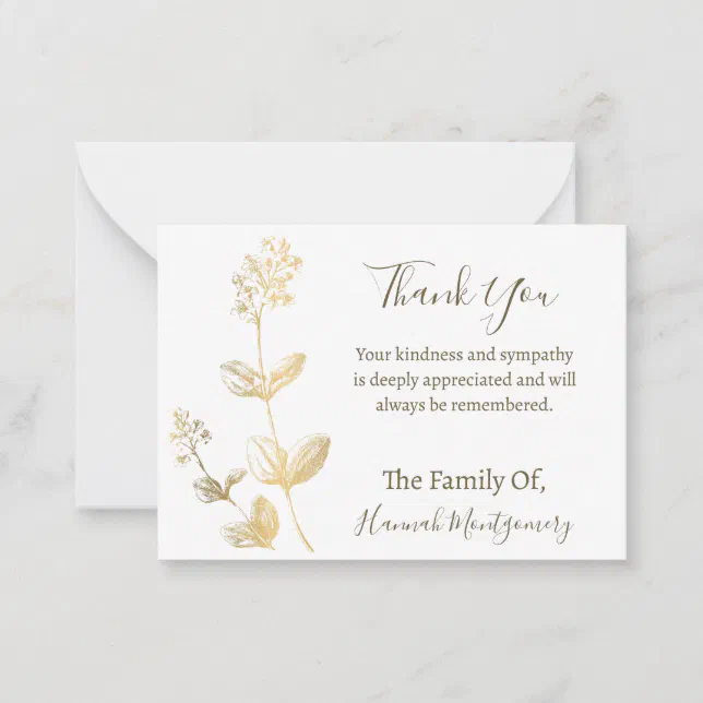 Gold Line Floral Sympathy Thank You Card | Zazzle