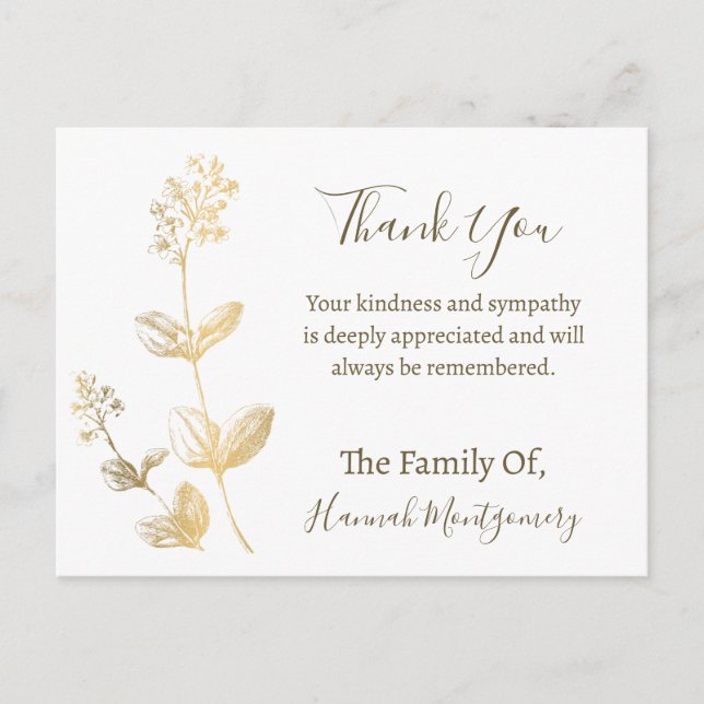 Gold Line Floral Sympathy Thank You Postcard (Front)