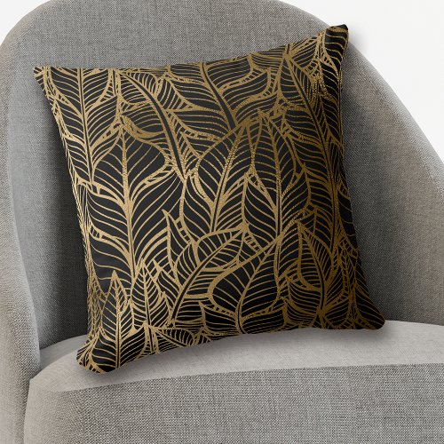 Gold Line Leaf Pattern on Black Throw Pillow