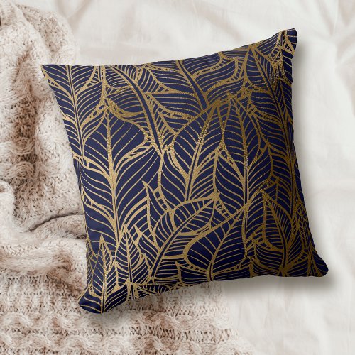 Gold Line Leaf Pattern on Blue Throw Pillow