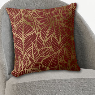 Gold Line Leaf Pattern on Maroon Red Throw Pillow