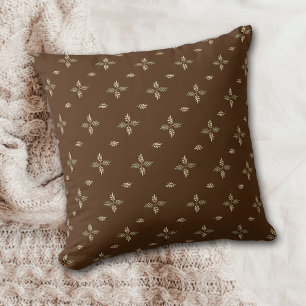 Gold Line Quad Leaves Pattern on Brown Throw Pillow