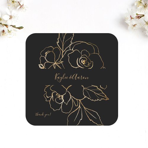 Gold Lined Floral Black  Gold Thank You Square Sticker