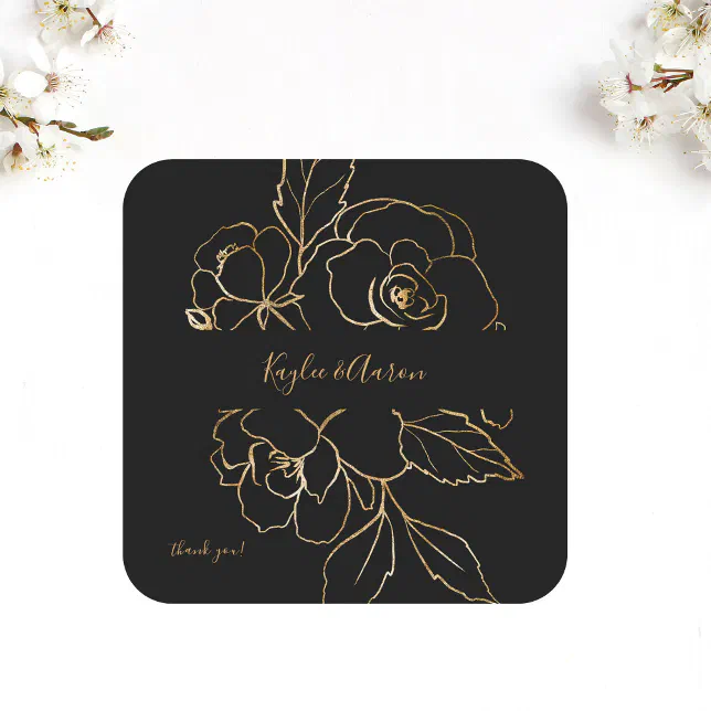 Gold Lined Floral Black & Gold Thank You Square Sticker | Zazzle