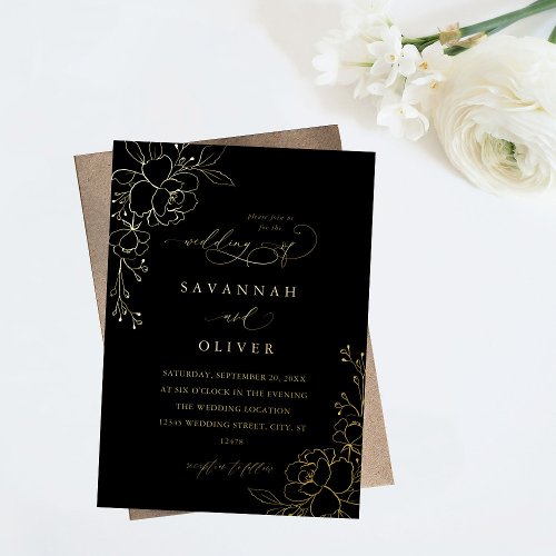 Gold Lined Floral Black  Gold Wedding Foil Invitation