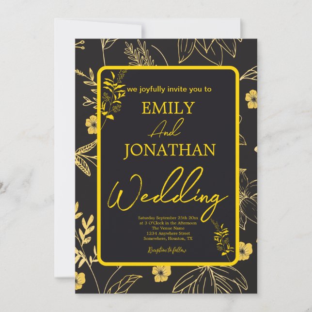 Gold Lined Floral Black  Invitation (Front)