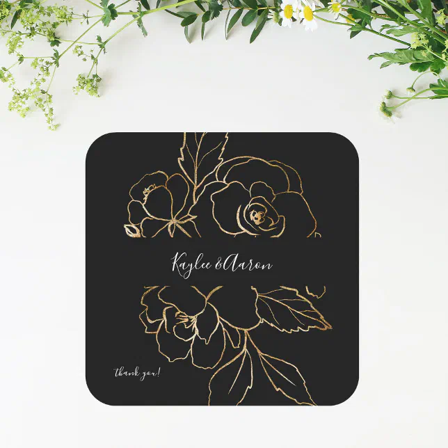 Gold Lined Floral Black Thank You Square Sticker | Zazzle