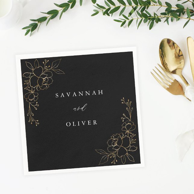 Gold Lined Floral Name Napkins - Black (Creator Uploaded)