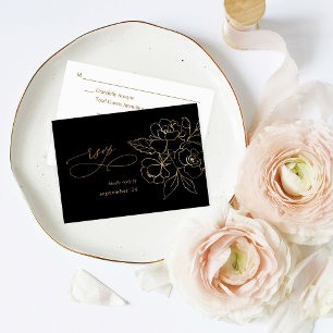 Gold Lined Floral on Black & Gold w Meal RSVP Card