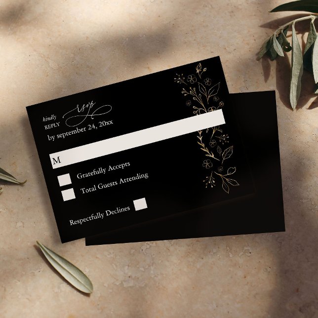 Gold Lined Floral on Black no Meal RSVP 2 Card (Creator Uploaded)
