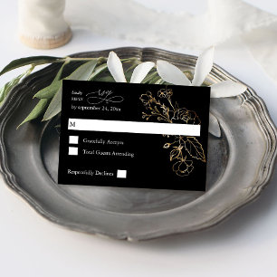Gold Lined Floral on Black no Meal RSVP Card