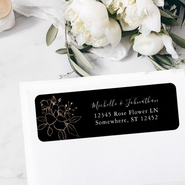 Gold Lined Floral on Black Return Address Label (Creator Uploaded)