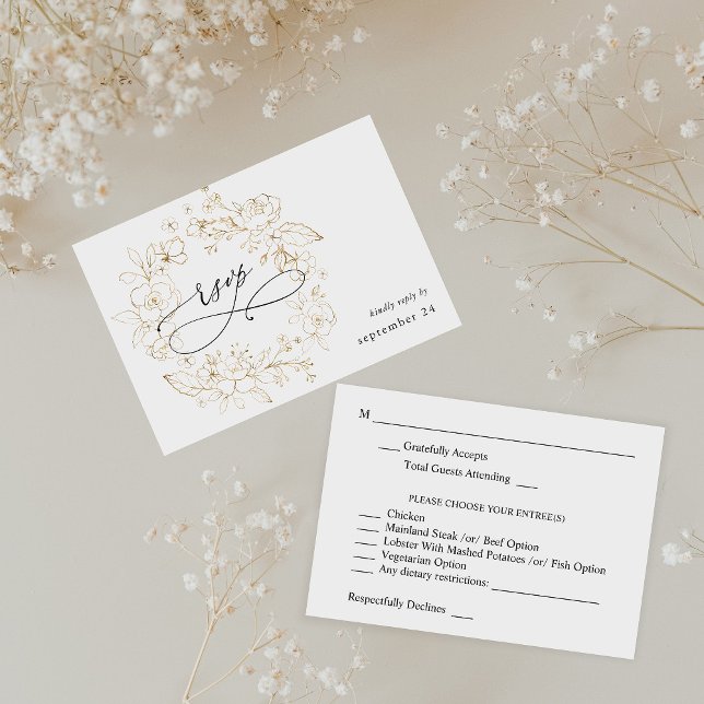 Gold Lined Floral on White w Meal RSVP 3 Card (Creator Uploaded)
