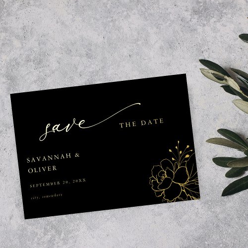 Gold Lined Floral Save the Date _ Black Foil Invitation