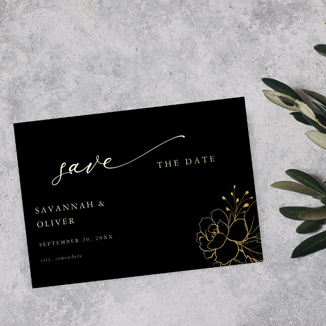 Gold Lined Floral Save the Date - Black Foil Invitation (Creator Uploaded)