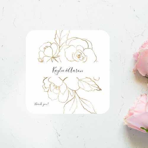 Gold Lined Floral Thank You Square Sticker