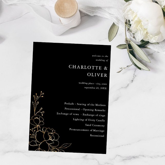 Gold Lined Floral Wedding Ceremony Program - Black (Creator Uploaded)