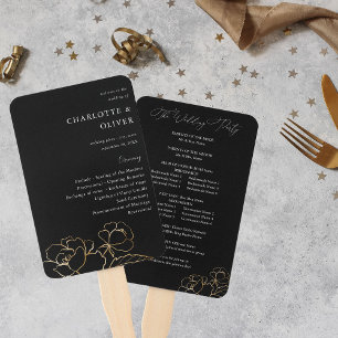 Gold Lined Floral Wedding Program 2 - Black Hand Fan