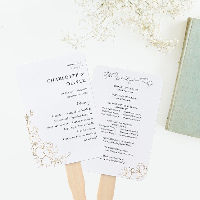 Gold Lined Floral Wedding Program Hand Fan (Creator Uploaded)