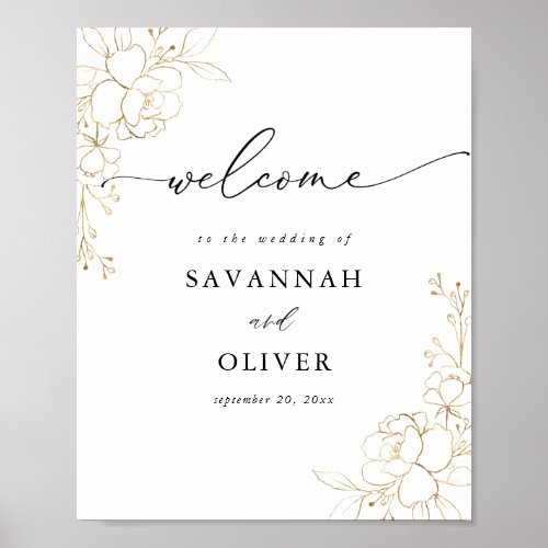 Gold Lined Floral Wedding Welcome Sign